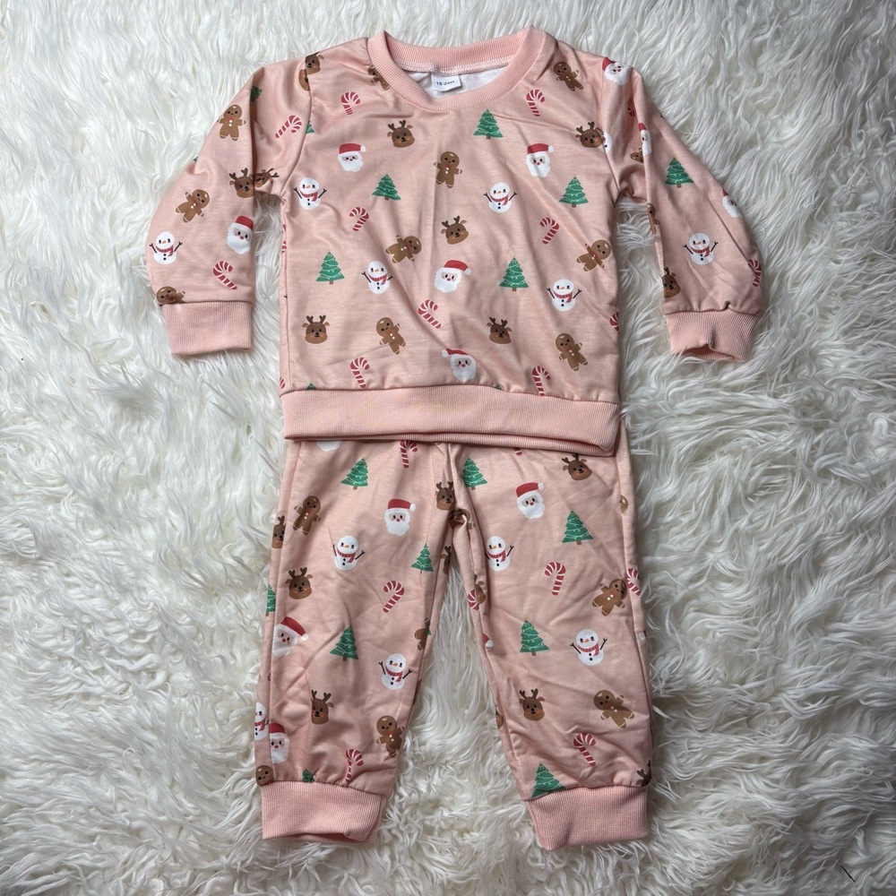 Kids Festive Pajama Set - Pink with Holiday Christmas print